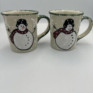 VTG MONTGOMERY WARD Snowman Coffee Mug Tea Cup Hot Chocolate 3D SNOW 16 oz Set 2